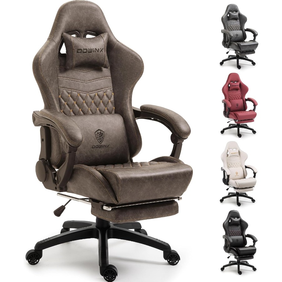 Massage - 大人のための大型・高背もたれのヴィンテージゲーミングチェア：茶色の頑丈なスチールフレーム、耐荷重400ポンド、マッサージ機能付きランバーサポート、高さ調節可能なフットレスト