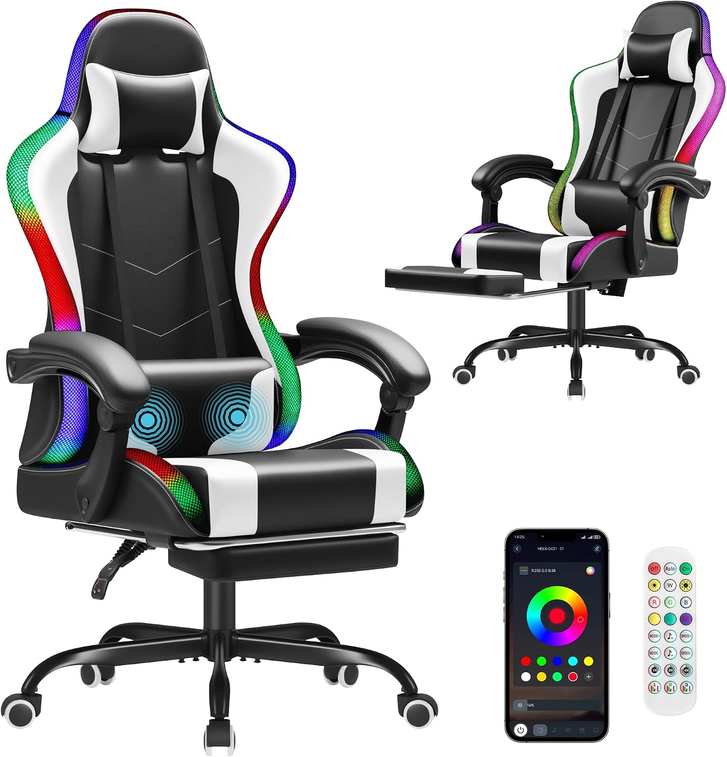 Massage - Homall ゲーミングチェア、エルゴノミックPCチェア、マッサージ機能付きランバーサポート、RGBライト、アイボリー